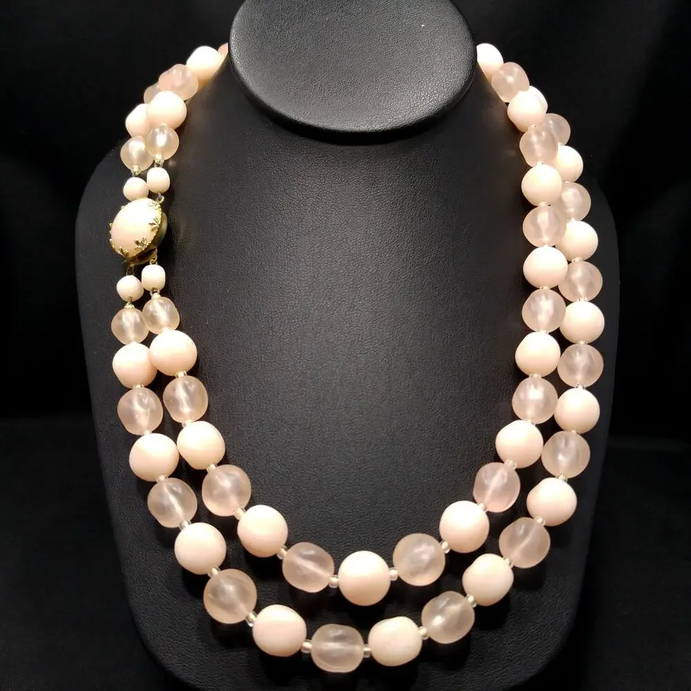 Vintage Austria Pink Lucite Bead Necklace Two Strand Frosted & Matte 1950s